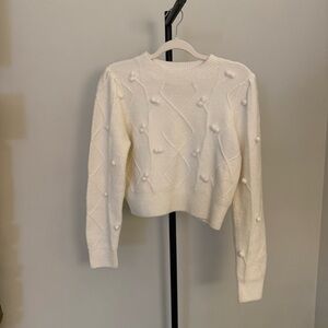 Cottagecore Cream Knit Sweater Cropped Textured Pom Pom Pullover Small